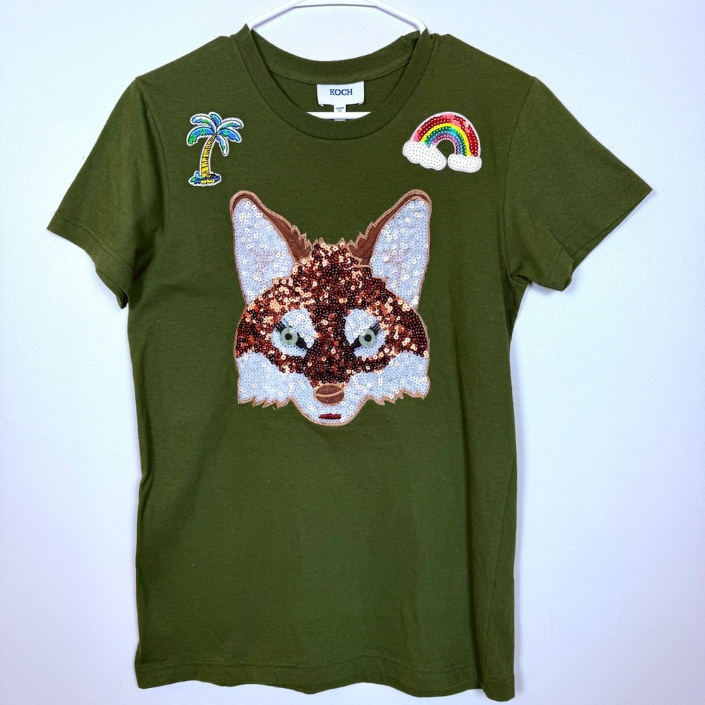 KOCH Fox Sequin Graphic Tee Women Medium Olive Green Embellished USA Cotton - Picture 2 of 8